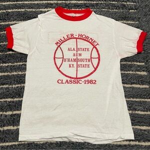 Vintage 80s Graphic Miller Hornet Classic 1982 red and white ringer tee Beer